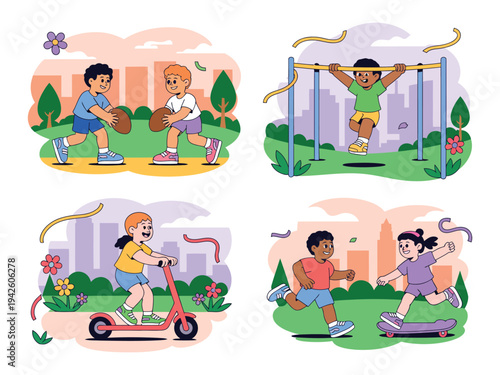 Children play active sports in a park.