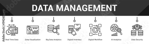 Data Management  Modern and clean web banner illustration vector featuring thematic icons