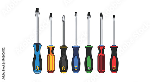 Selection of different screwdrivers with various head types and colorful textured handles is arranged in a horizontal row.