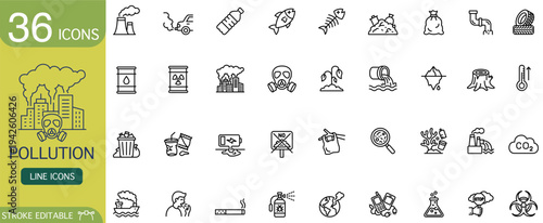Pollution line icon environment ecology contamination climate waste factory smoke toxic pollution line icon set environment ecology contamination climate waste factory smoke toxic outline vector
