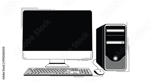 Classic desktop computer set with monitor tower keyboard and optical mouse in clean black and white minimalist line art style on white background.
