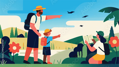 Illustration Of A Family On An Adventure Observing The Natural Surroundings Together Vector Design Template