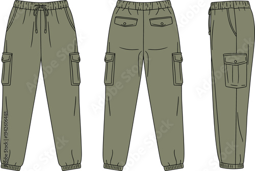 Casual unisex cargo joggers technical fashion illustration, featuring a drawstring waist and multiple flap pockets, perfect for apparel design, streetwear, and activewear mockups.