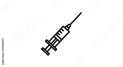 Black line icon of a medical syringe is shown at a diagonal angle on a white background representing healthcare or vaccination.