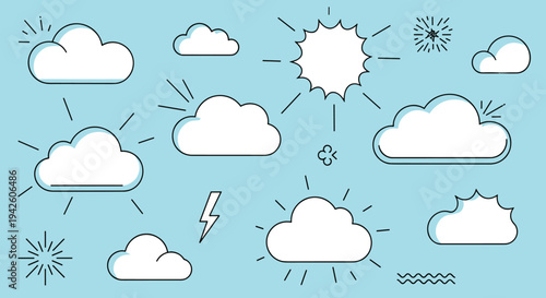 Collection of weather icons featuring different types of clouds sun lightning and wind symbols in a simple doodle style on a light blue background.