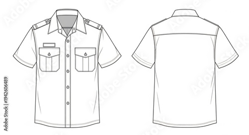 Technical drawing of a short-sleeved button-down shirt with pockets.