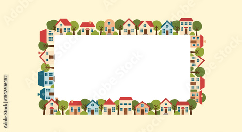 Rectangular decorative border frame composed of colorful tiny cartoon houses and green trees surrounding a large white copy space in the center.