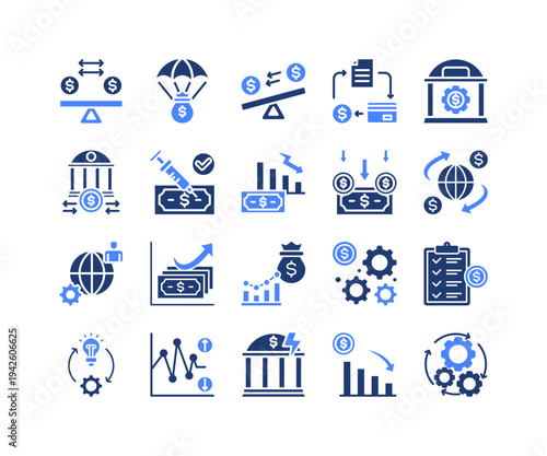 Economic Stability Icon Collection,  featuring Balance, Liquidity, Credit, Monetary Policy, Inflation, Globalization, Recession.