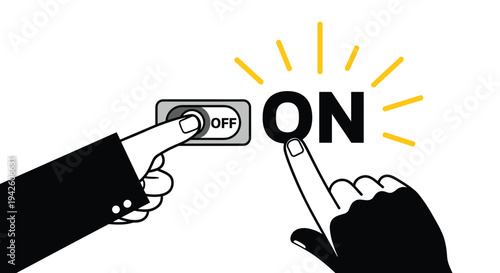 Two different hands interacting with power switches to turn a device on with bright yellow rays and bold text symbols on a white background.