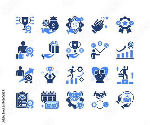 Workplace Recognition Icon Collection,  featuring Employee Benefits, Performance Award, Praise, Gift, Incentive Program, Productivity, Recognition.