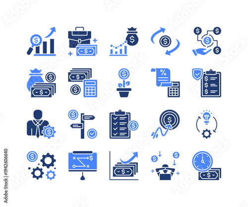 Financial Analysis Icon Collection,  featuring Financial Guide, Business Income, Cash Flow, Insurance Policy, Planning, Solution, Presentation.