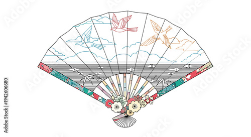 Traditional Japanese folding fan with intricate designs of birds clouds and floral patterns in a delicate line art style with multiple colors.