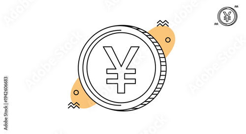 Circular icon of a Japanese yen currency coin with a large symbol in the center and decorative orange shapes in the background for finance.