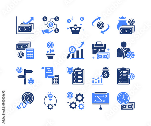 Wealth Management Icon Collection,  featuring Passive Income, Financial Planning, Budget Control, Investment Return, Cost Management, Tax Strategy, Analytics.
