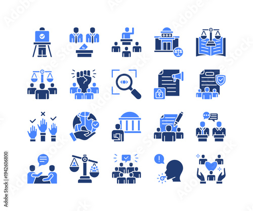 Civic Democracy Icon Collection,  featuring Voting Booth, Elections, Legislature, Constitution, Human Rights, Freedom, Transparency.