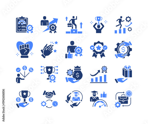 Employee Performance Icon Collection,  featuring Performance Report, Best Employee, Career Growth, Empowerment, Dedication, Loyalty, Award.