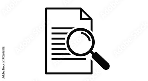 Document icon featuring a sheet of paper with text and a magnifying glass placed over it to symbolize searching investigation and research.