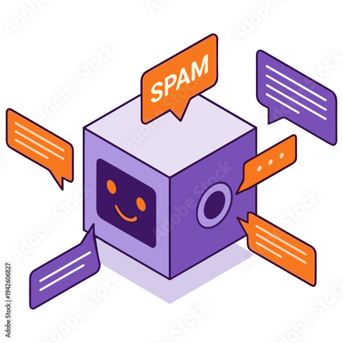 A purple robot with a smiley face receives and sends spam messages on a white background.
