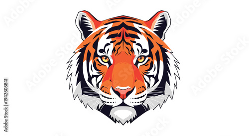 Detailed and vibrant illustration of a tiger head with intense orange and black stripes and piercing eyes for animal conservation or mascot.