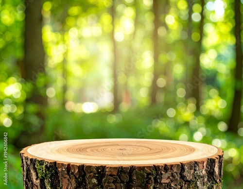 新緑の森に置かれた木目が美しい切り株のステージ。木漏れ日と自然の背景が広がるオーガニックな製品展示用背景