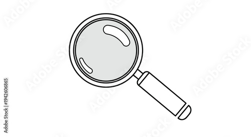 Simple black and white line art of a magnifying glass with a handle used for searching inspection and zooming in on details on a white background.