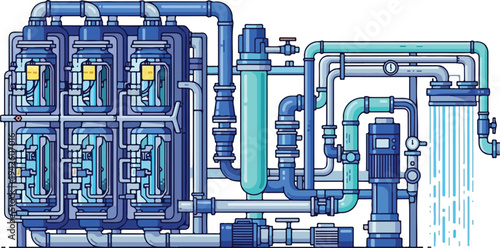 An industrial machine with pipes and valves operates efficiently in a factory setting with equipment, machinery, tubing, systems, and infrastructure.