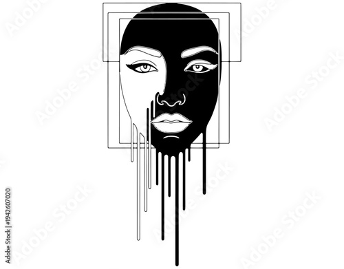 Abstract split face illustration of a woman with black and white melting paint effect, minimalist female portrait with geometric square frames, artistic vector design.