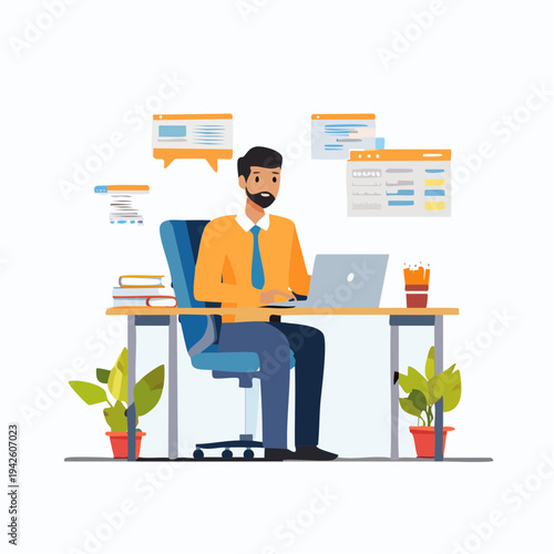 Businessman working on a laptop at a desk in an office using computer technology for online work