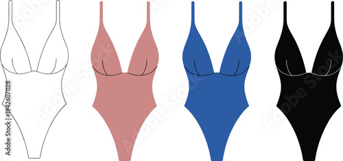 Elegant women's one-piece swimsuit vector illustration, featuring a deep V-neckline and thin straps, perfect for swimwear technical drawings and apparel mockups.