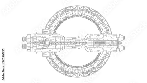 Space Station Blueprint: An intricate blueprint of a futuristic space station, showcasing the complex architecture and advanced technology.