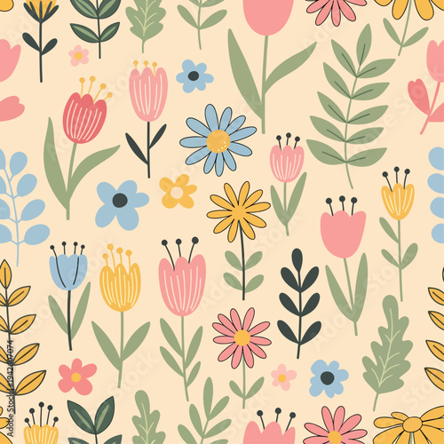 Seamless spring design with charming flowers and pastel color harmony