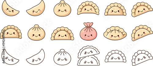 Cute Dumpling Cartoon Vector Set with Kawaii Gyoza, Bao Buns, and Asian Dim Sum Food Characters Illustration Collection