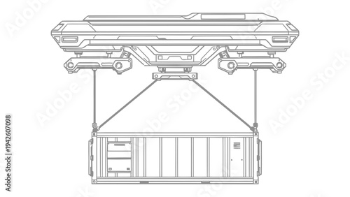 Futuristic Container Lift: A line art illustration shows a container being lifted by a futuristic machine, suggesting advanced technology in logistics.