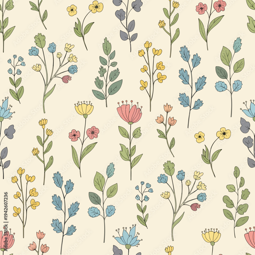 Fototapeta premium Elegant minimal flower pattern with pastel tones and seamless arrangement