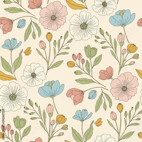 Seamless spring floral pattern with scattered blooms and subtle warm tones