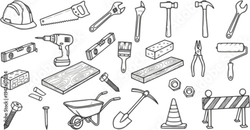 Construction Doodle Set: Hand-Drawn Building Material and Tools Vector Illustration
