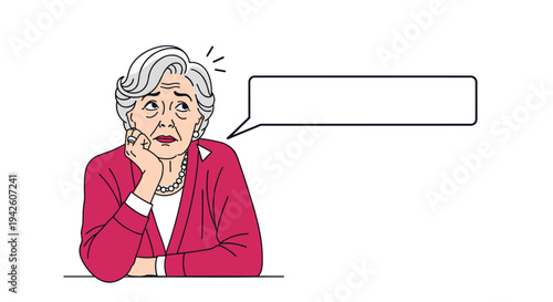 Elderly woman with gray hair resting her chin on her hand while thinking deeply with a blank speech bubble next to her head.