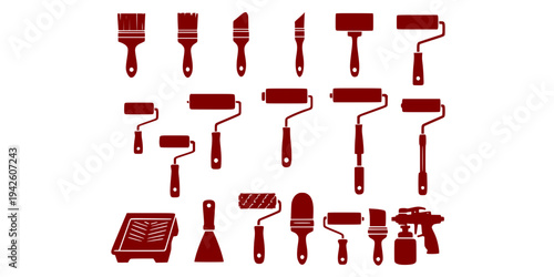 Collection of various paint rollers and brushes for painting, decorating, and home improvement works, vector illustration.
