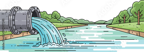 Water flows from large pipe into serene canal surrounded by lush greenery and trees