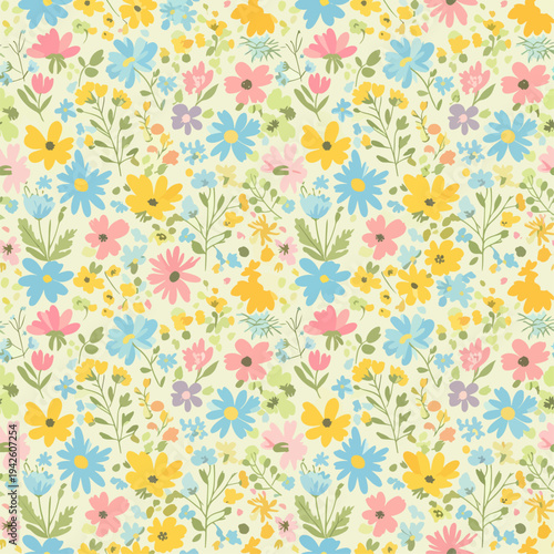 Modern botanical illustration with scattered flowers and leaves in soft neutral tones