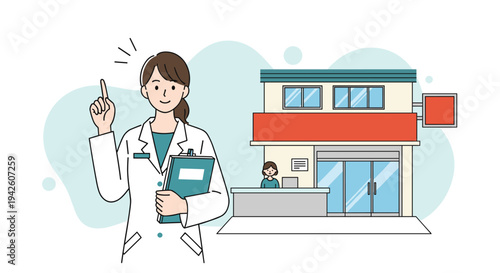 Professional female pharmacist in white lab coat gesturing upwards while standing in front of a modern pharmacy building illustration.
