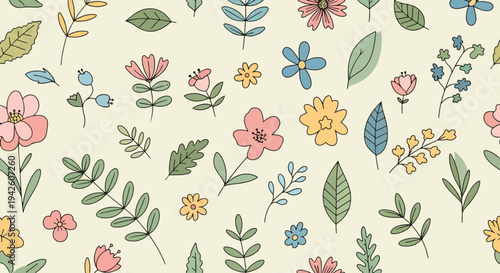 Soft spring floral design with tulips and branches arranged in repeating pattern