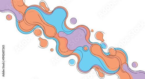 A colorful abstract illustration of swirling liquid shapes in orange, blue, and purple hues on a white background created via Whisk auto tool.