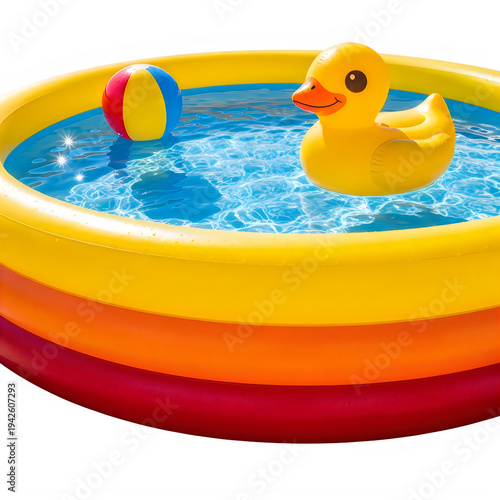 Inflatable pool with rubber duck and beach ball
