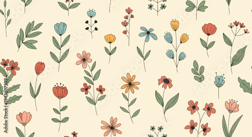 Delicate spring botanical pattern with scattered flowers and branches in muted shades