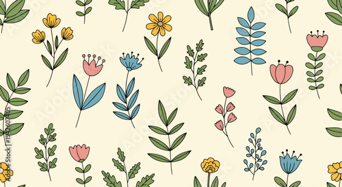 Vintage inspired botanical print with small flowers and muted colors on neutral background