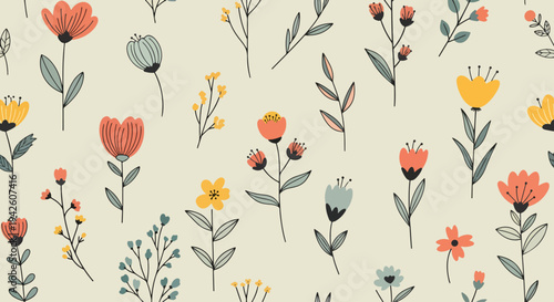 Scandinavian style floral pattern with minimalist tulips and soft organic shapes seamless repeat