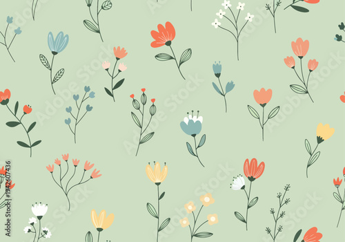 Simple floral background with stylized tulips and wild plants in soft retro color palette