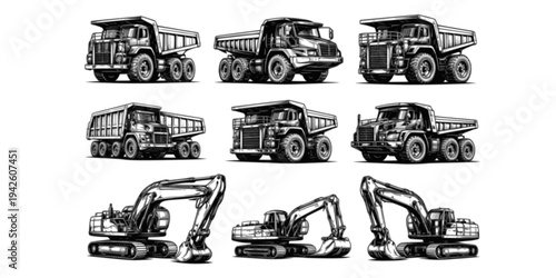Detailed Line Art Collection of Heavy Construction Vehicles: Dump Trucks, Mining Trucks, and Excavators in Black and White Sketch Style for Industrial and Transportation Designs.