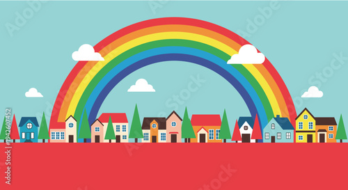 Row of colorful suburban houses standing under a large bright rainbow against a clear blue sky in a cheerful neighborhood illustration.